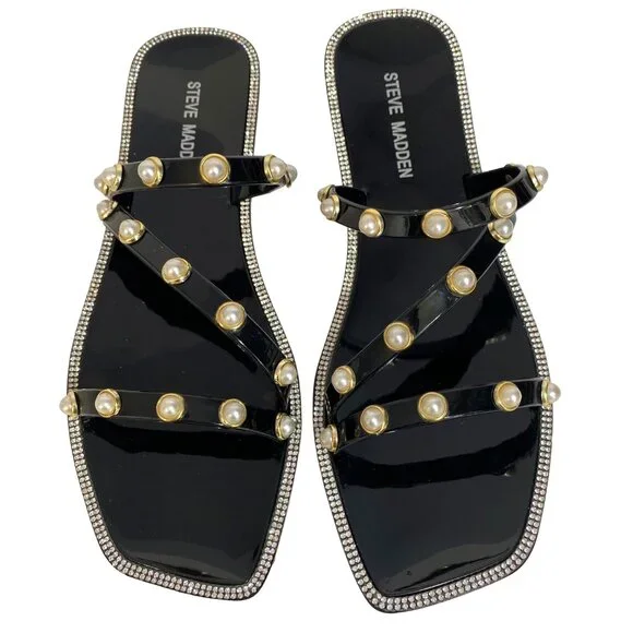 Steve Madden Black Pearl-Studded Flat Sandals With Rhinestone Trim Womens Size 9 - Picture 6 of 11